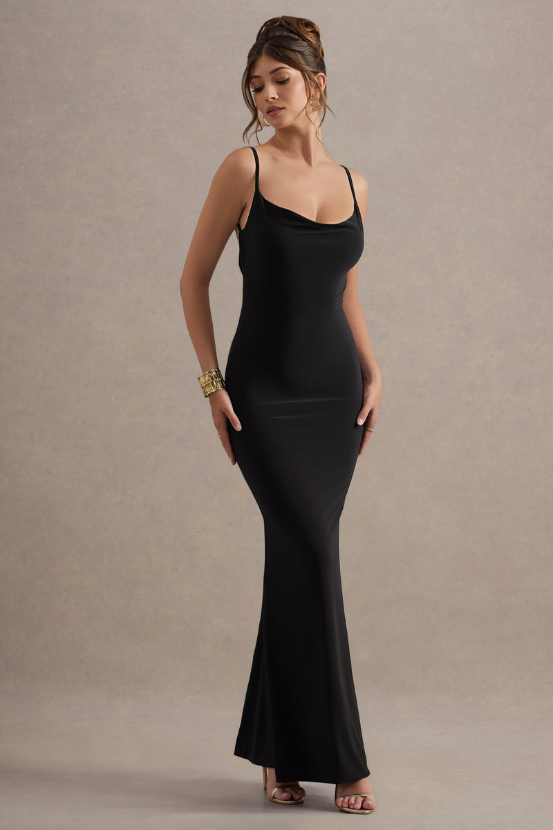 Francoise Black Cowl Neck Backless Maxi Dress With Lace Insert  Club L  London - UK