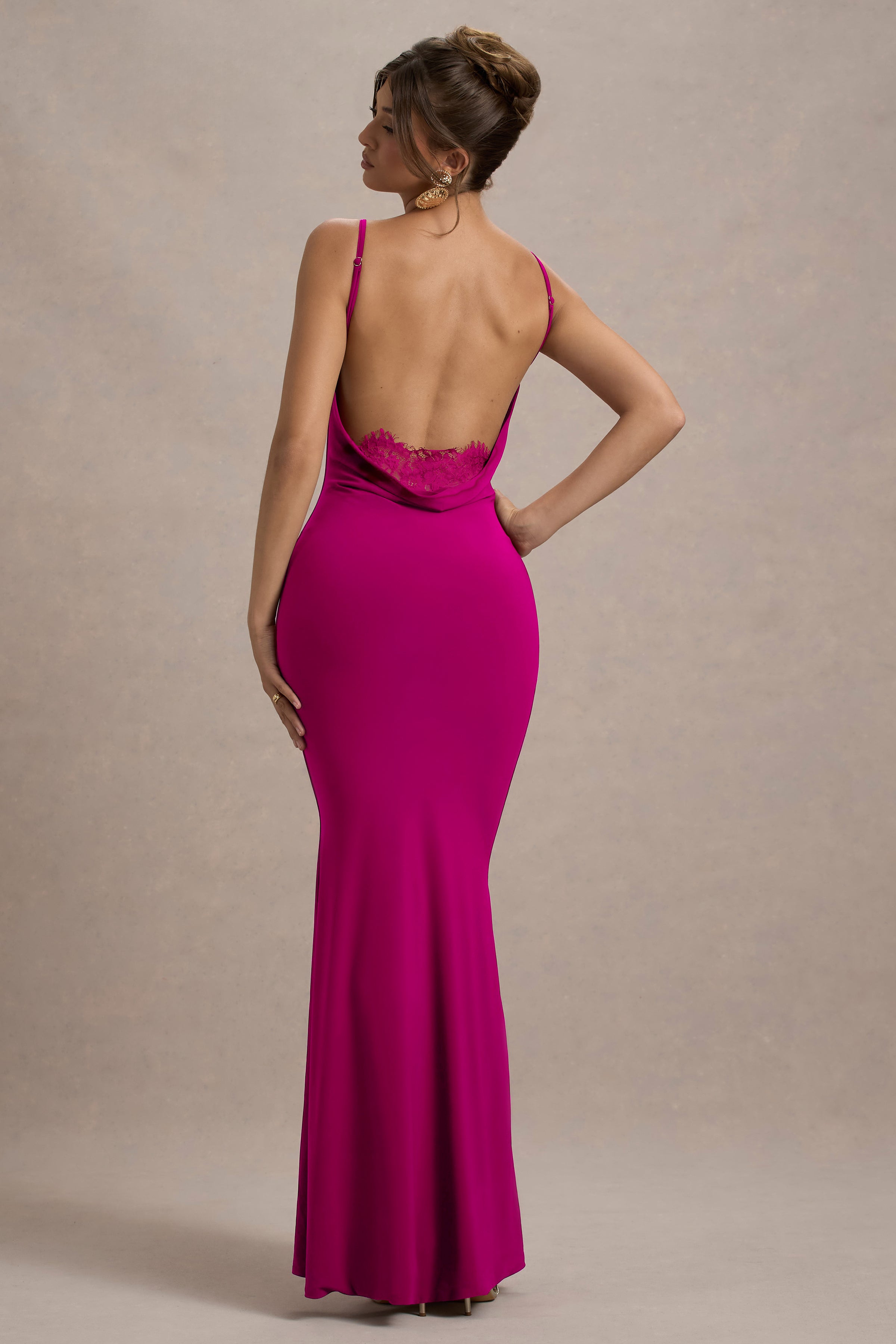 francoise cowl neck backless maxi dress with lace insert reviews | Dark Pink – Club L London Evening gown