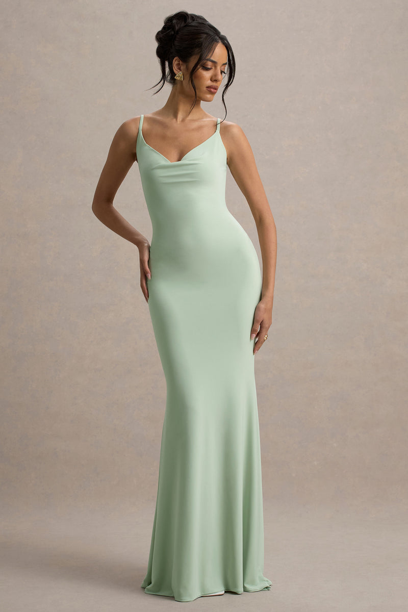 Francoise Light Green Cowl Neck Backless Maxi Dress With Lace Insert – Club  L London