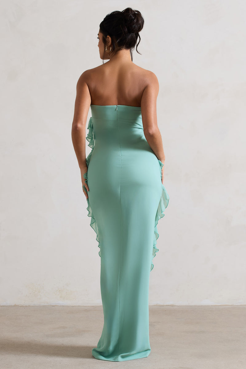 Gardenia Mint Green Strapless Ruffle Maxi Dress With Corsage  Club L London  - UK