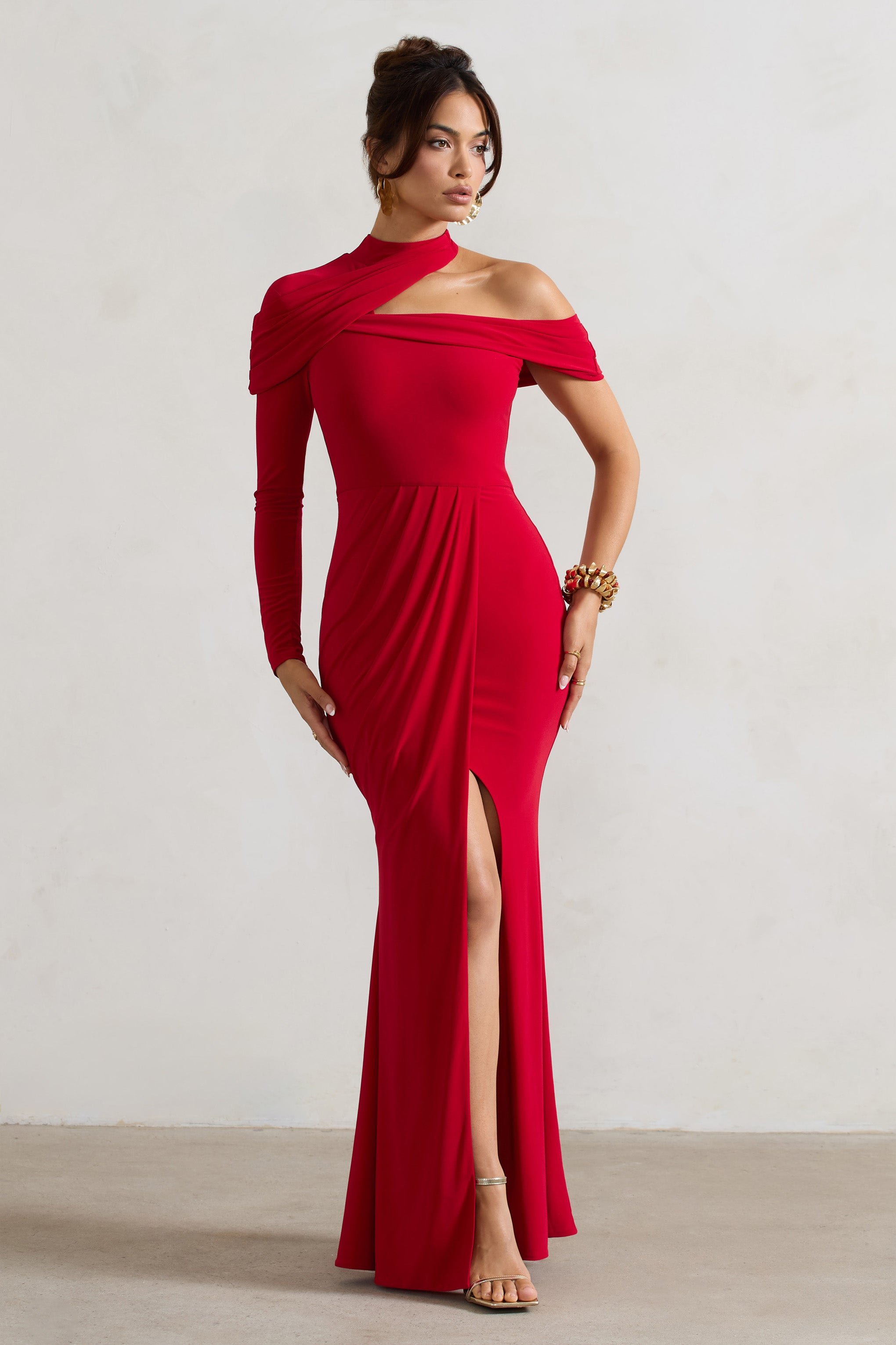 Tyla | Red Asymmetric High-Neck Split Maxi Dress – Club L London