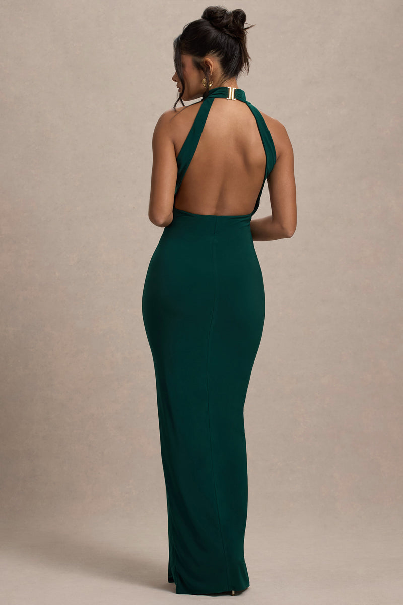 Khari Bottle Green High-Neck Twisted Maxi Dress With Drape – Club L London 