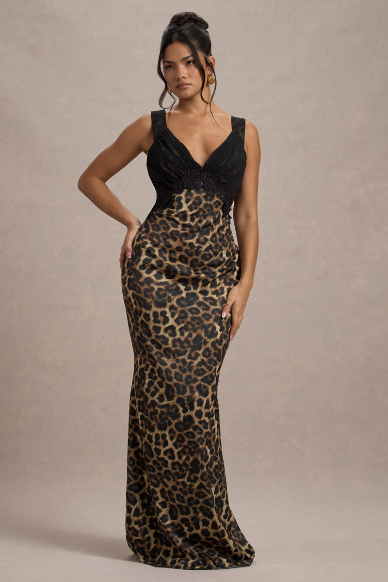 strapless open back dress Sahara Leopard Print Satin V-Neck Maxi Dress With Black Lace Trim – Club L  London