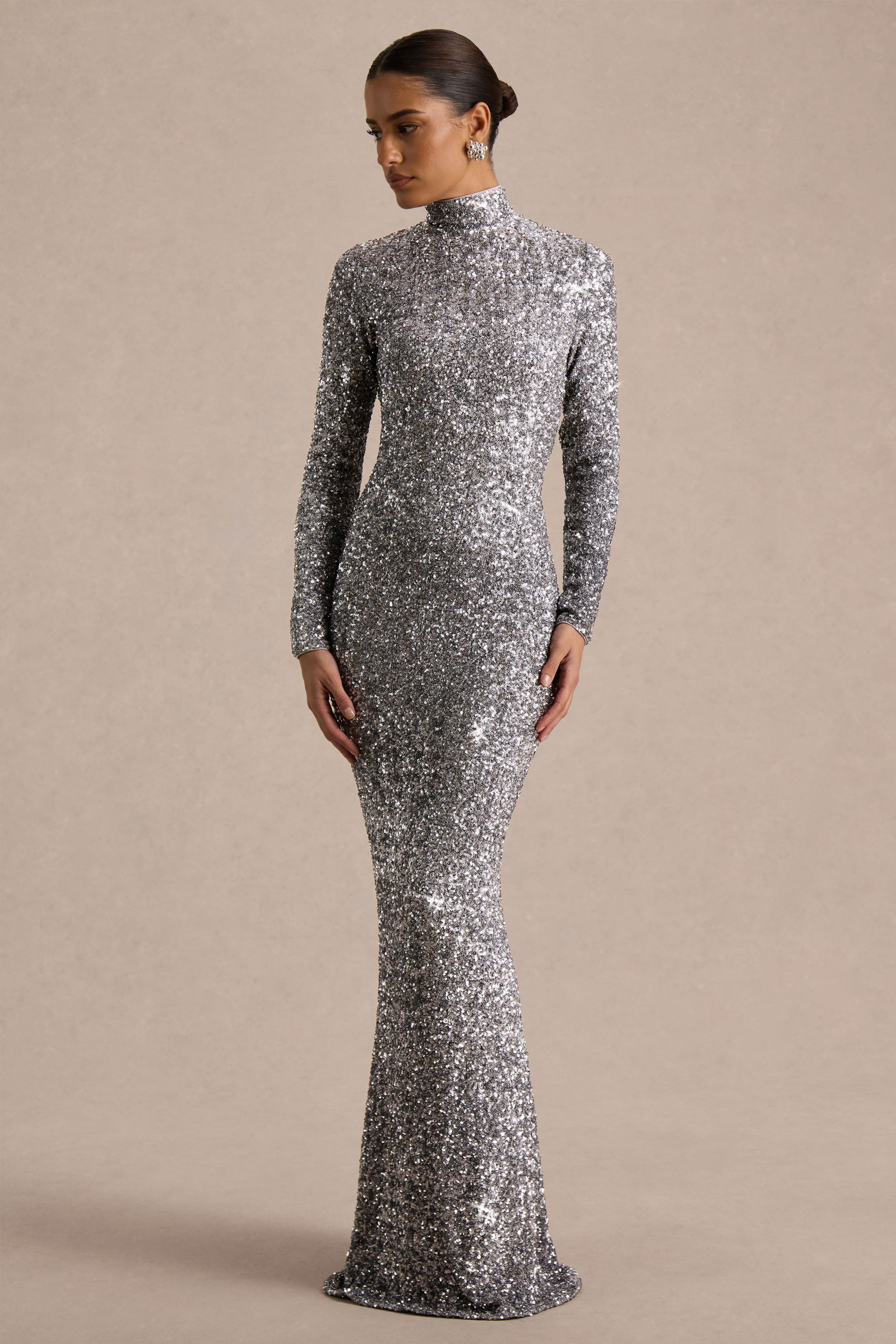 silver long sparkly dress Galaxy | Sequin Turtle-Neck Long-Sleeve Maxi – Club L London boedit23 Size:Large (20