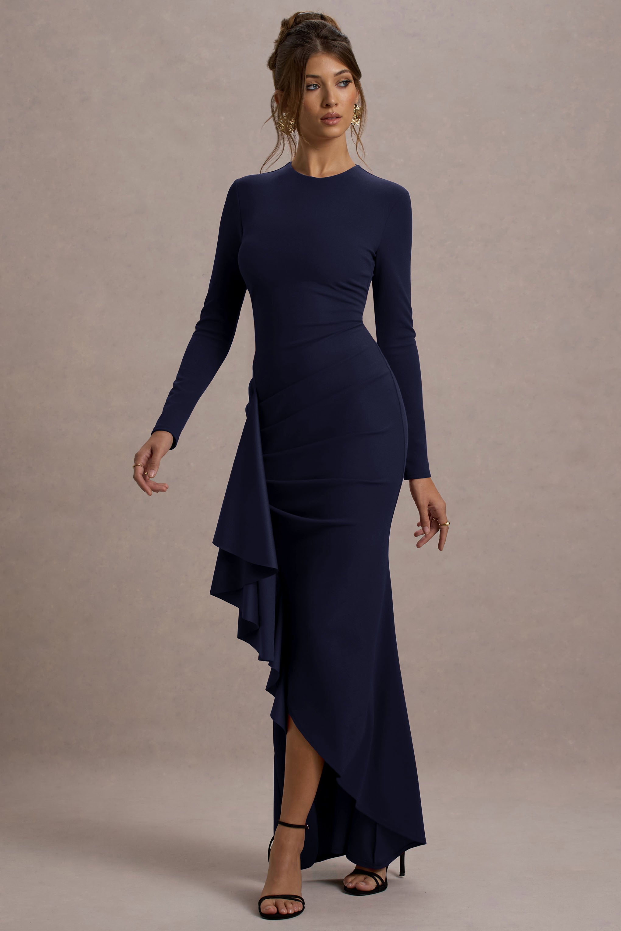 blue cocktail dress long sleeve Alayna | Navy Long-Sleeve Maxi With Ruffled Split – Club L London Mirror Work Ovticza Cute Summer Dresses Core Colors:Chocolate
