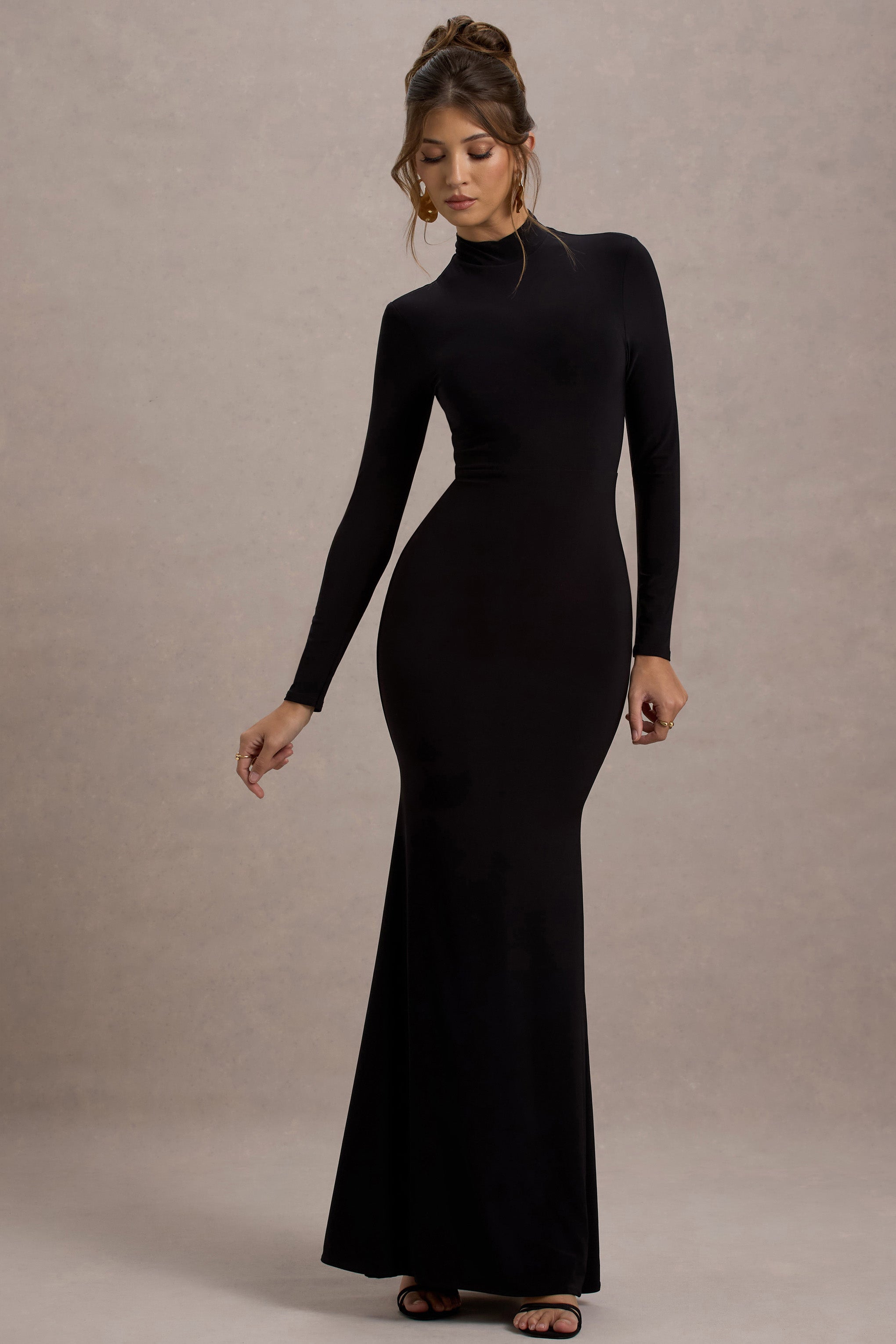 Tova | Black High-Neck Long-Sleeve Maxi Dress – Club L London - UK