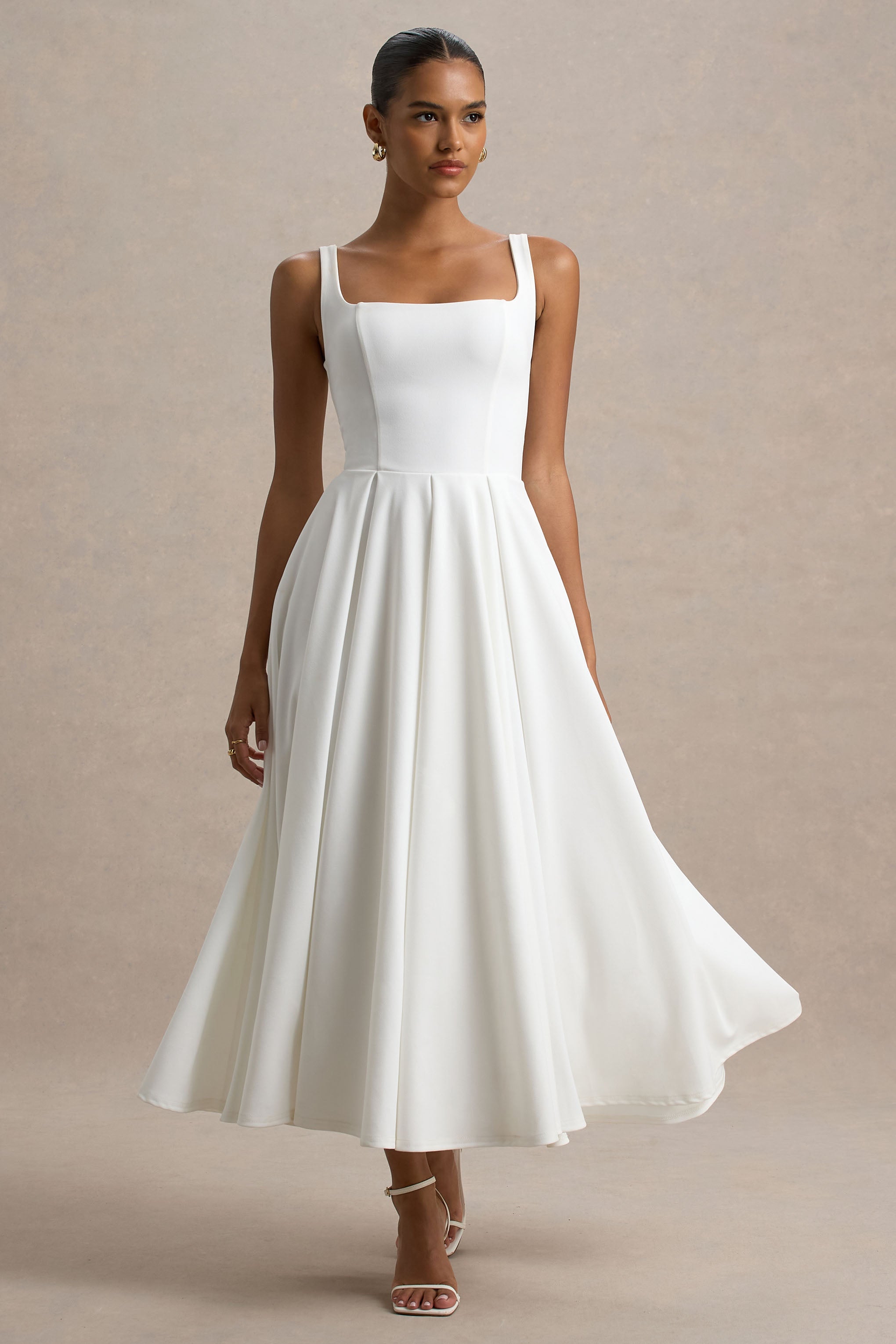 club london white dresses Parina | Strappy Volume-Hem Midi Dress – L NA-05.11.26AM Color:Black-Royal Blue Premium stretch crepe Evoking early 2000s princess