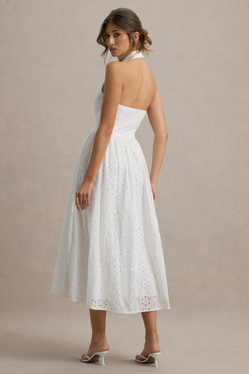 strapless open back dress Maude White Plunge-Neck Ruched Maxi Dress With Sash – Club L London main image 1