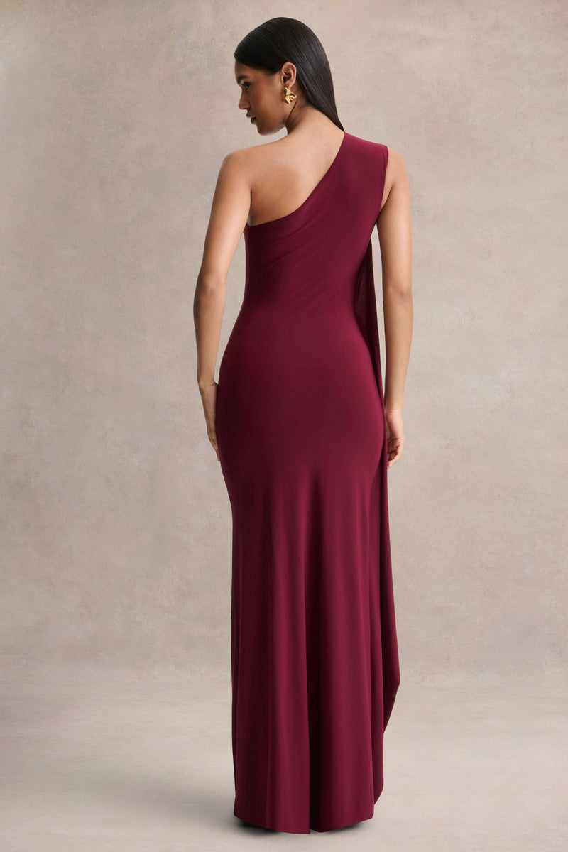 Adelina Burgundy One-Shoulder Maxi Dress With Drape – Club L London