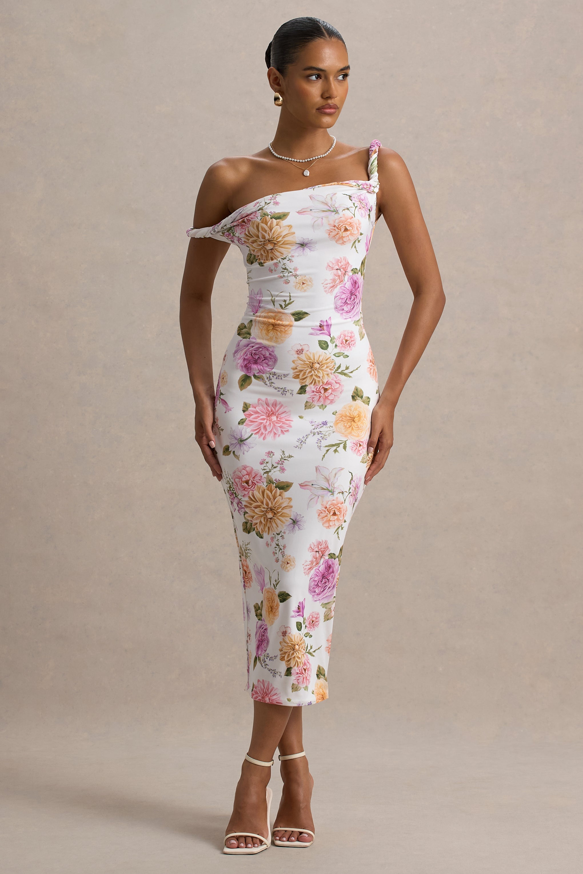 Nora | Peach And Lilac Floral Twisted Asymmetric Midi Dress – Club