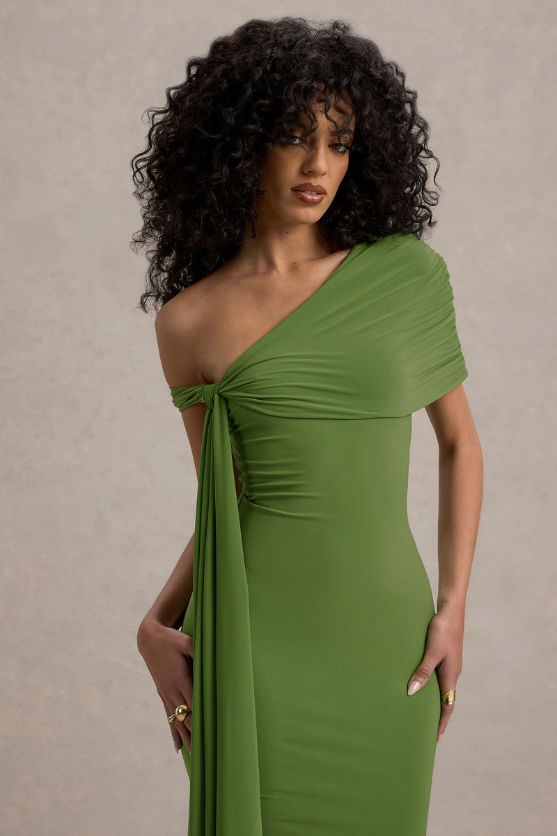 Vallea Green One-Shoulder Draped Midi Dress – Club L London