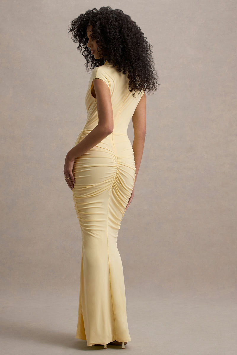 Lorenza Pale Lemon High-Neck Ruched Maxi Dress With Draped Skirt – Club L  London