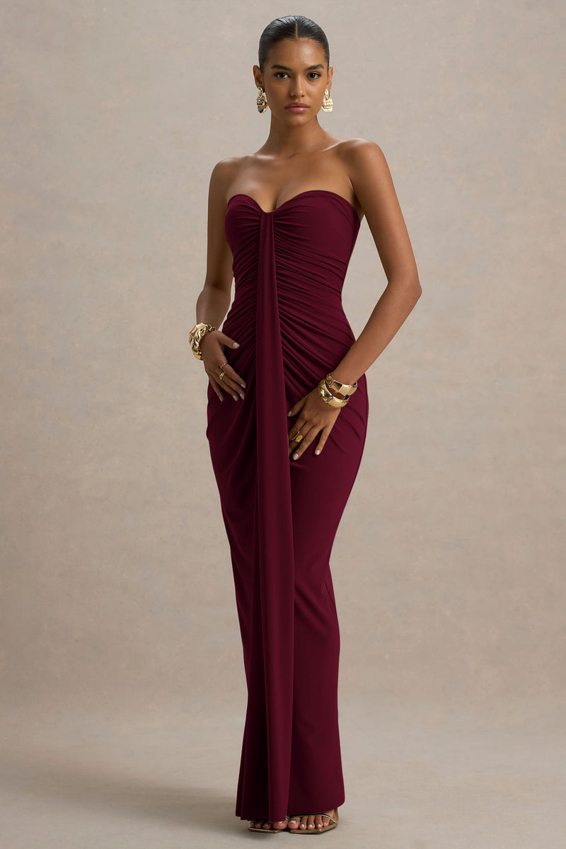 Ali Burgundy Sweetheart Ruched Wrap Maxi Dress Club L London - UK Ali Burgundy Sweetheart Ruched Wrap Maxi Dress Club L London - UK
