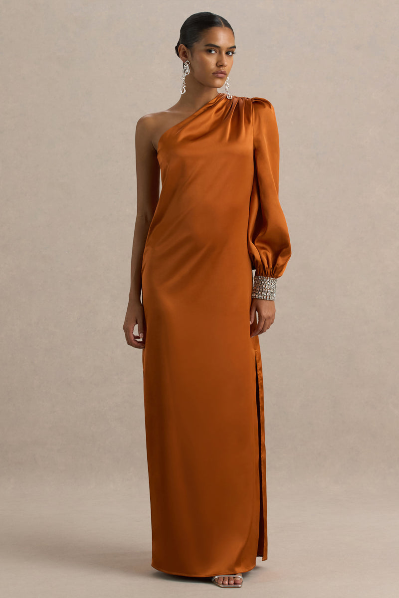 Thelma Orange Satin Asymmetric Maxi Dress With One-Sleeve – Club L
