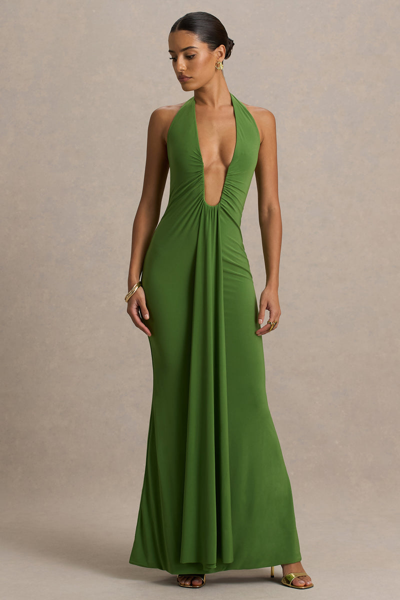 Hera Green Extreme Plunge Maxi Dress With Ruched Detail – Club L London