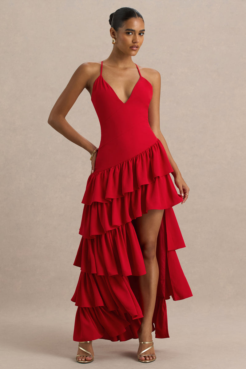 strapless open back dress BCBGMAXAZRIA New Red Silk Asymmetrical Embellished Dress – Runway Catalog main image 1