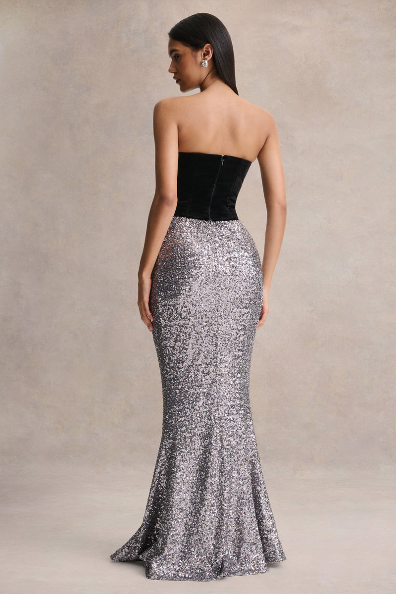 Aeris Black Velvet And Silver Sequin Plunge-Neck Maxi Dress Club L London - UK Aeris Black Velvet And Silver Sequin Plunge-Neck Maxi Dress Club L London - UK