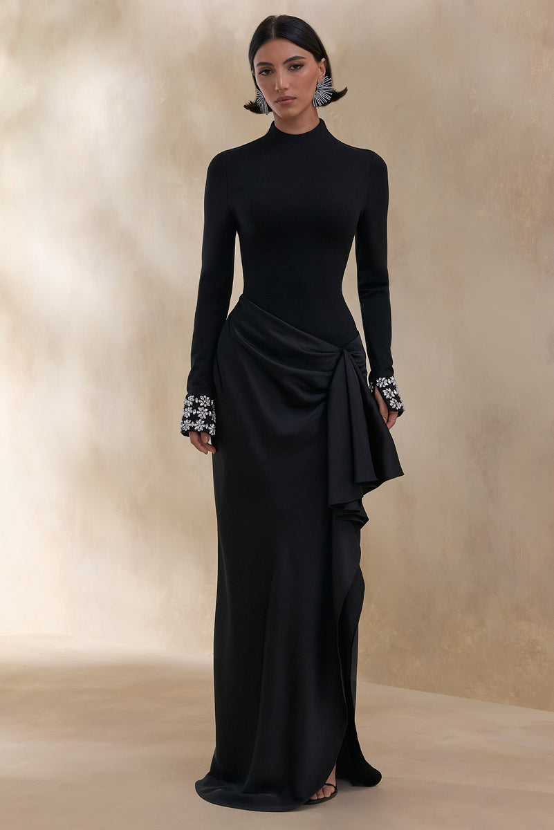 Starred Black High-Neck Maxi Dress With Satin Wrap-Skirt And Embelli – Club  L London