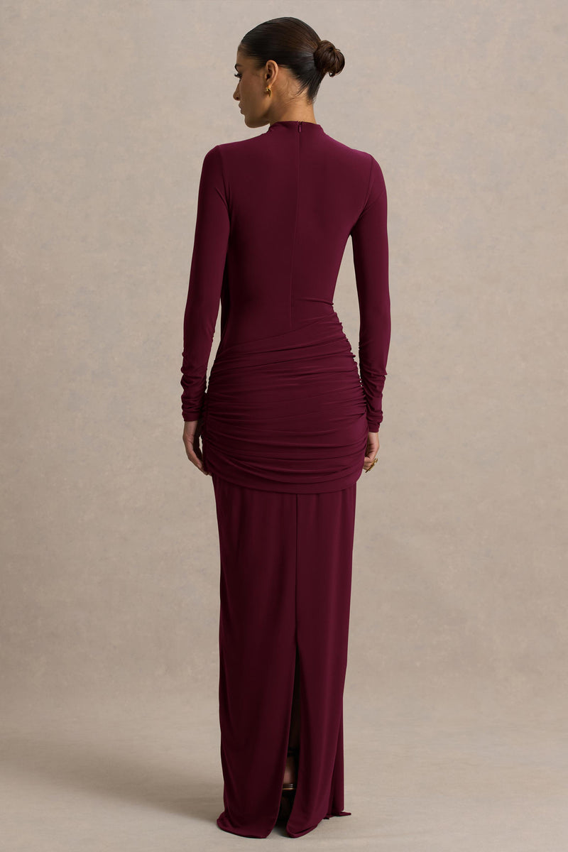 Melissa Burgundy Long-Sleeve Wrap Maxi Dress With Draped Detailing
