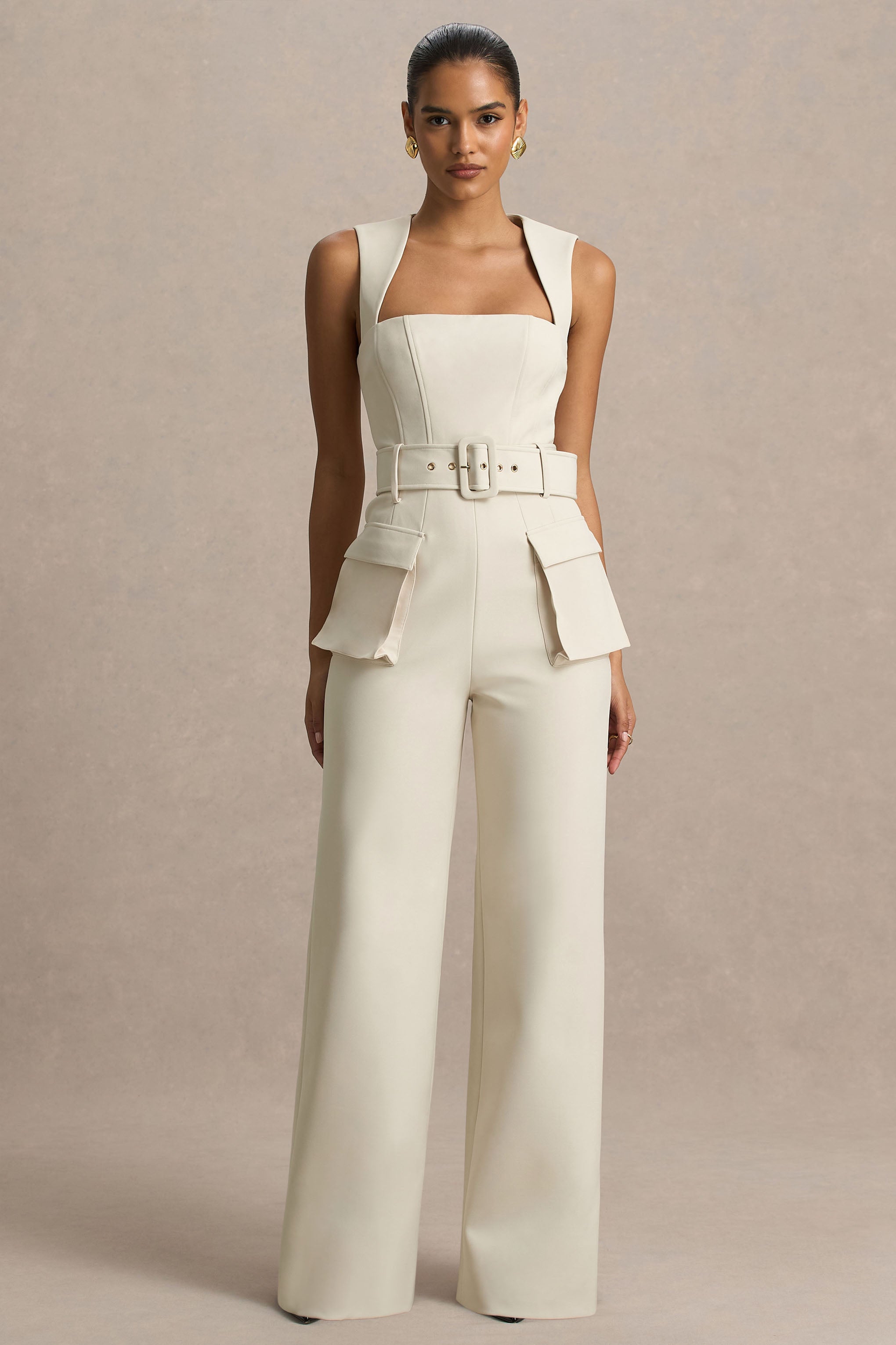 Solice | Cream Square-Neck Tailored Jumpsuit – Club L London - UK