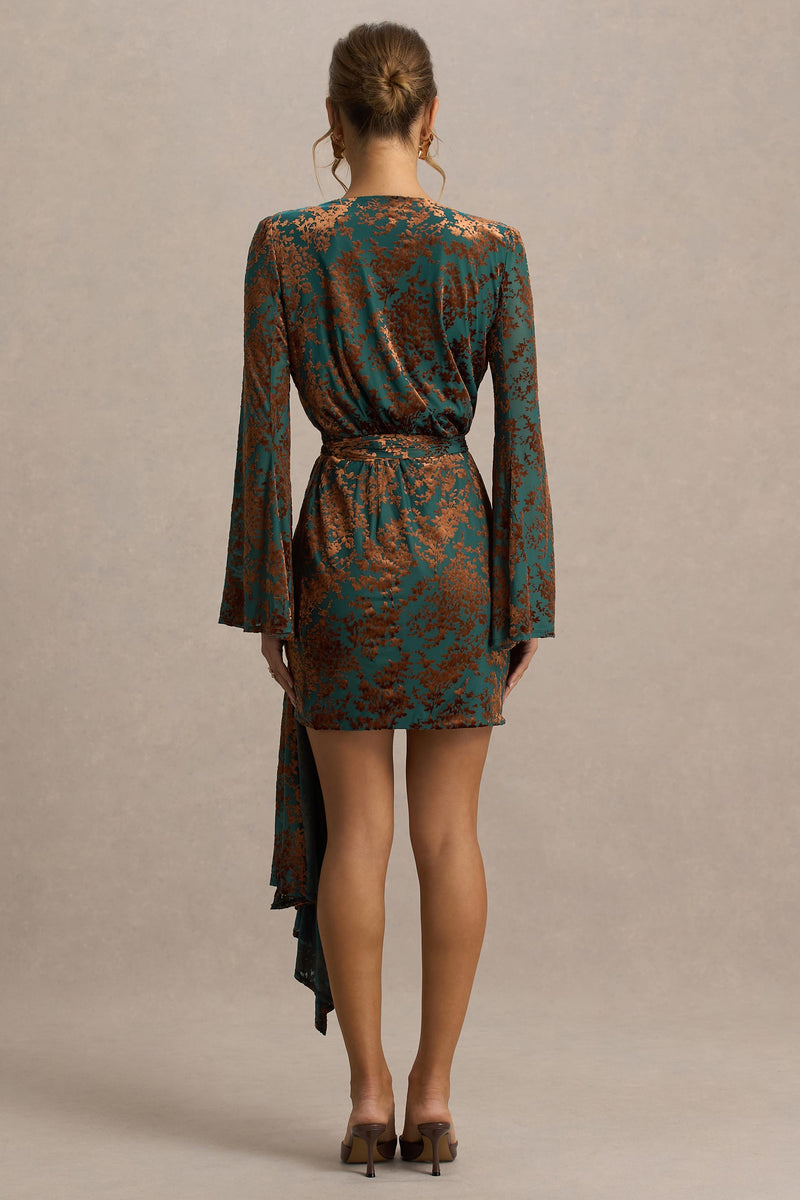 Dimitra Dark Green And Brown Velvet Devore Plunge-Neck Wrap Mini Dre – Club  L London
