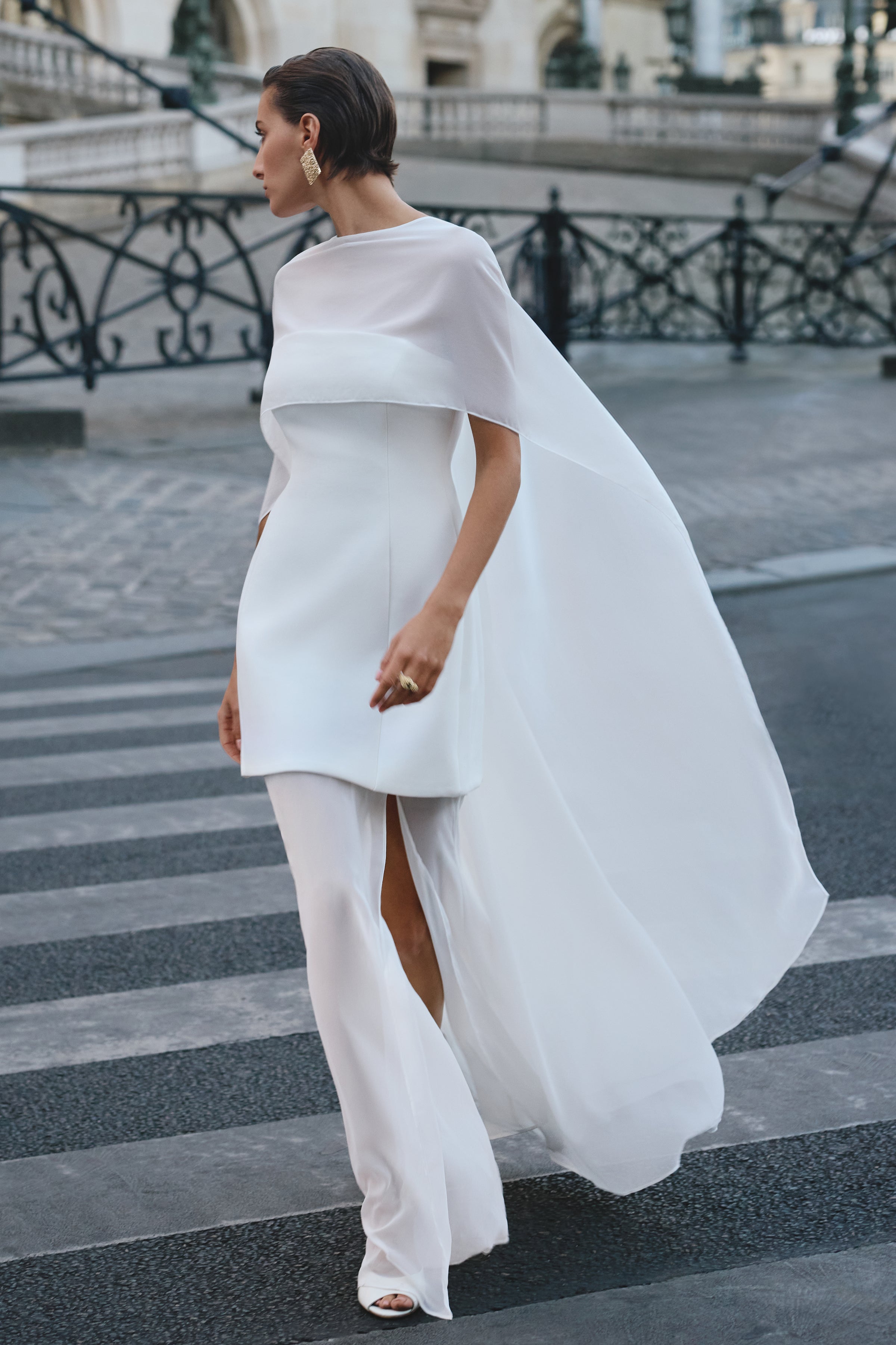 Chessa | White Scuba Boat Neck Short Sleeve Maxi Dress With Sheer