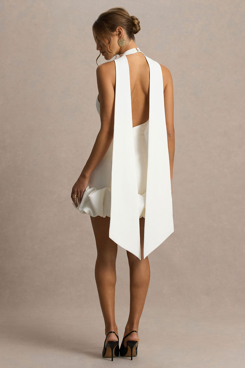 Geneve White Halter-Neck Mini Dress With Ruffled Trim – Club L London
