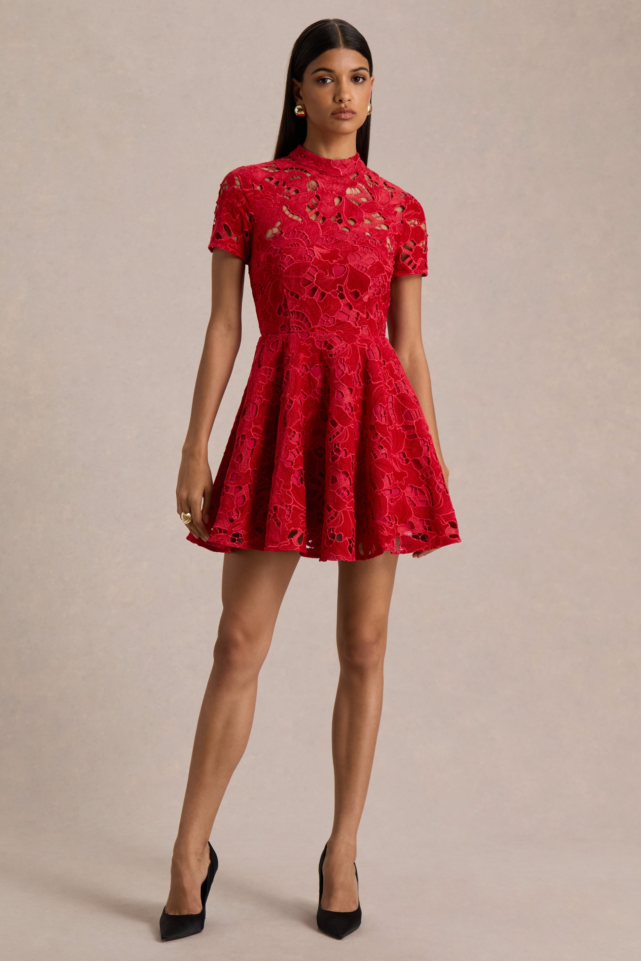 rare london red lace dress fitted lace wedding dress Red Lace Sleeve Corset Mini Dress  Rare London