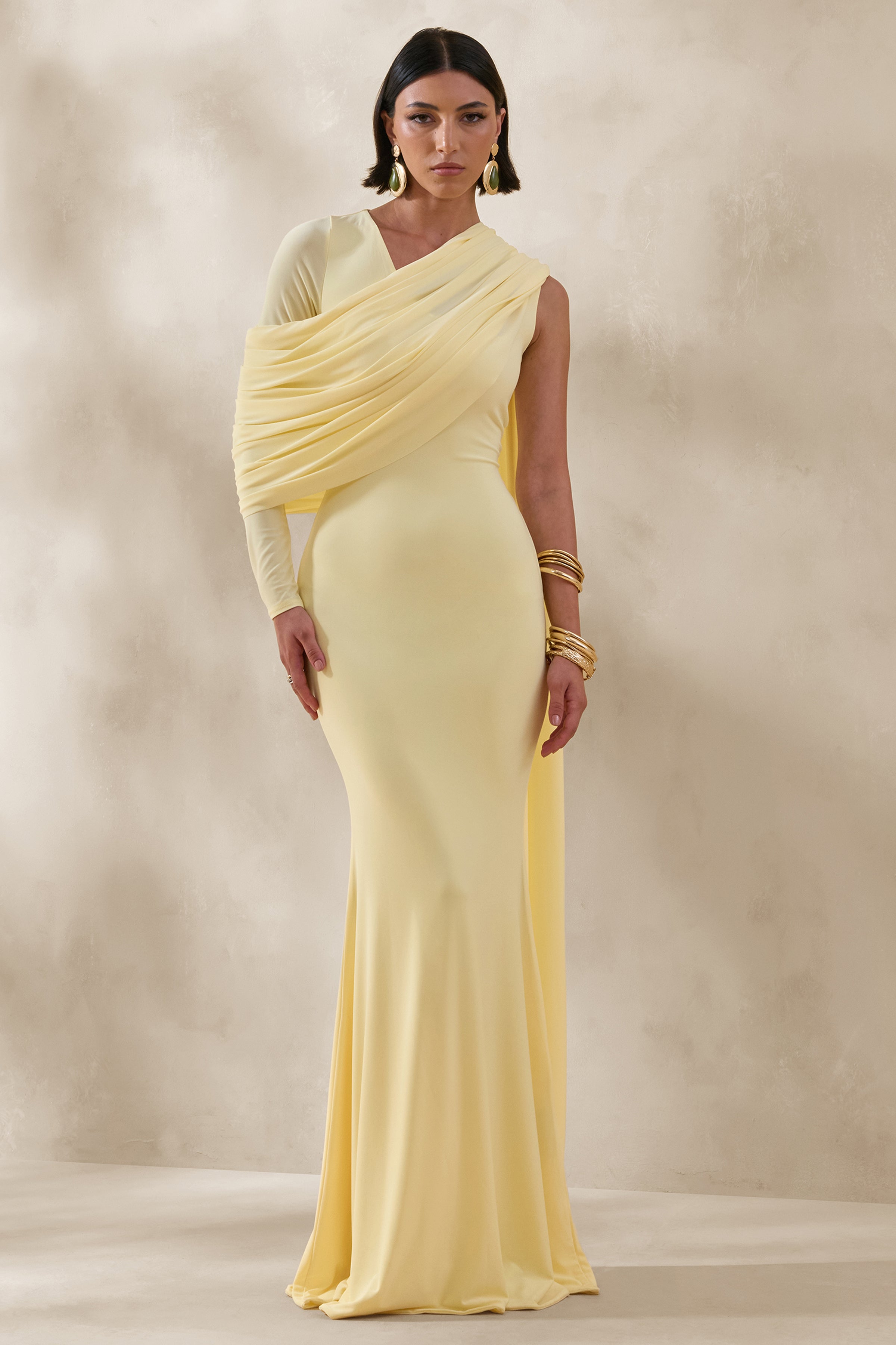 lemon chiffon one shoulder draped bodycon dress Rubelle | Asymmetric-Neck Maxi With Draped-Detailing – Club L London Tahari ASL Women's Assymetrical collection_exclusive offers_JUMP Color:Black-Nude seamed bodice tops the