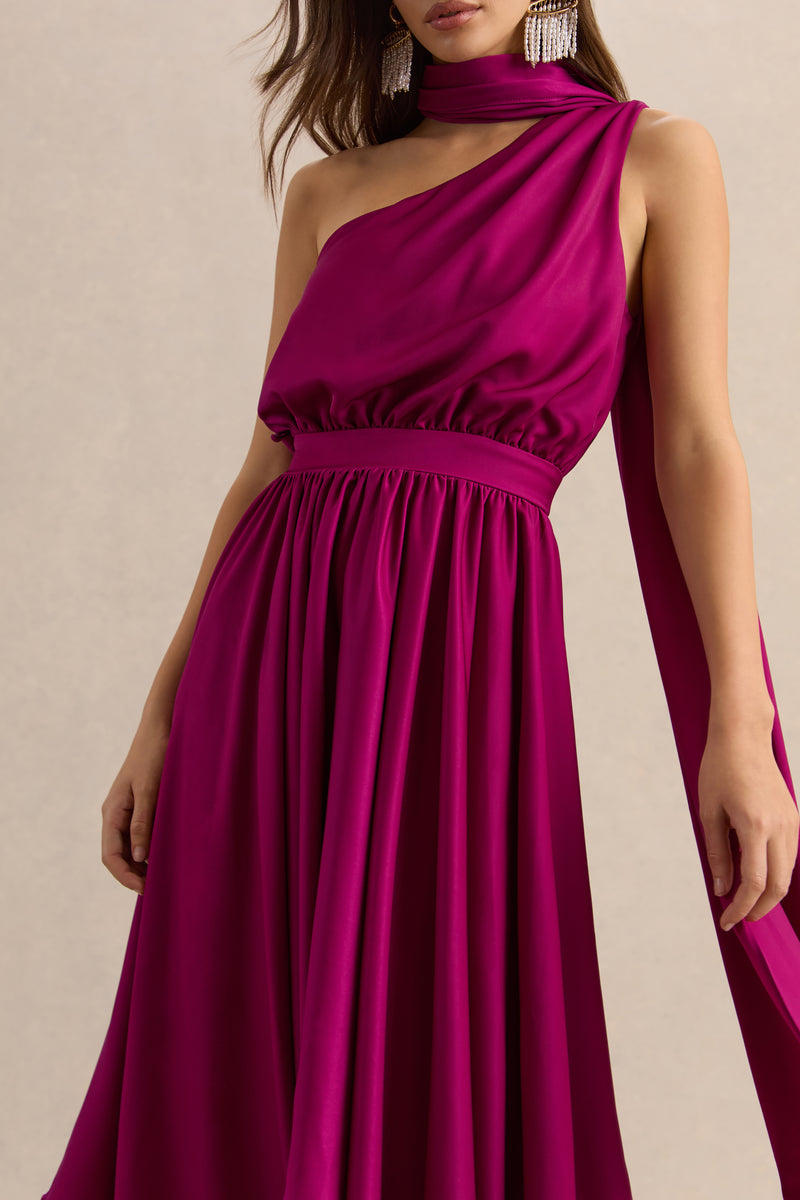 Caluna Hot Pink Satin Asymmetric-Neck Midi Dress With Scarf-Detail