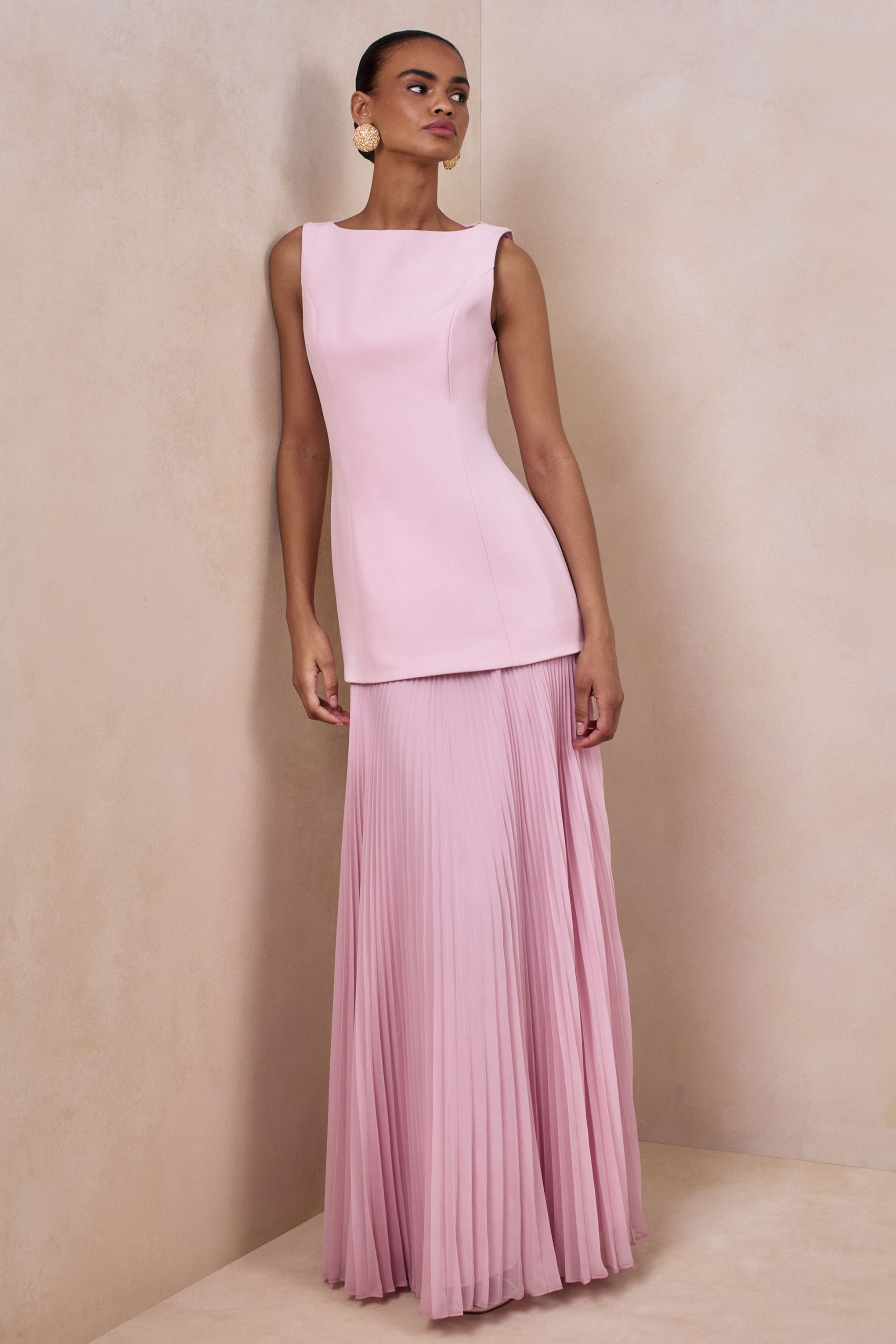 Hadley | Light-Pink Boat-Neck Maxi Dress With Drop-Waist – Club L