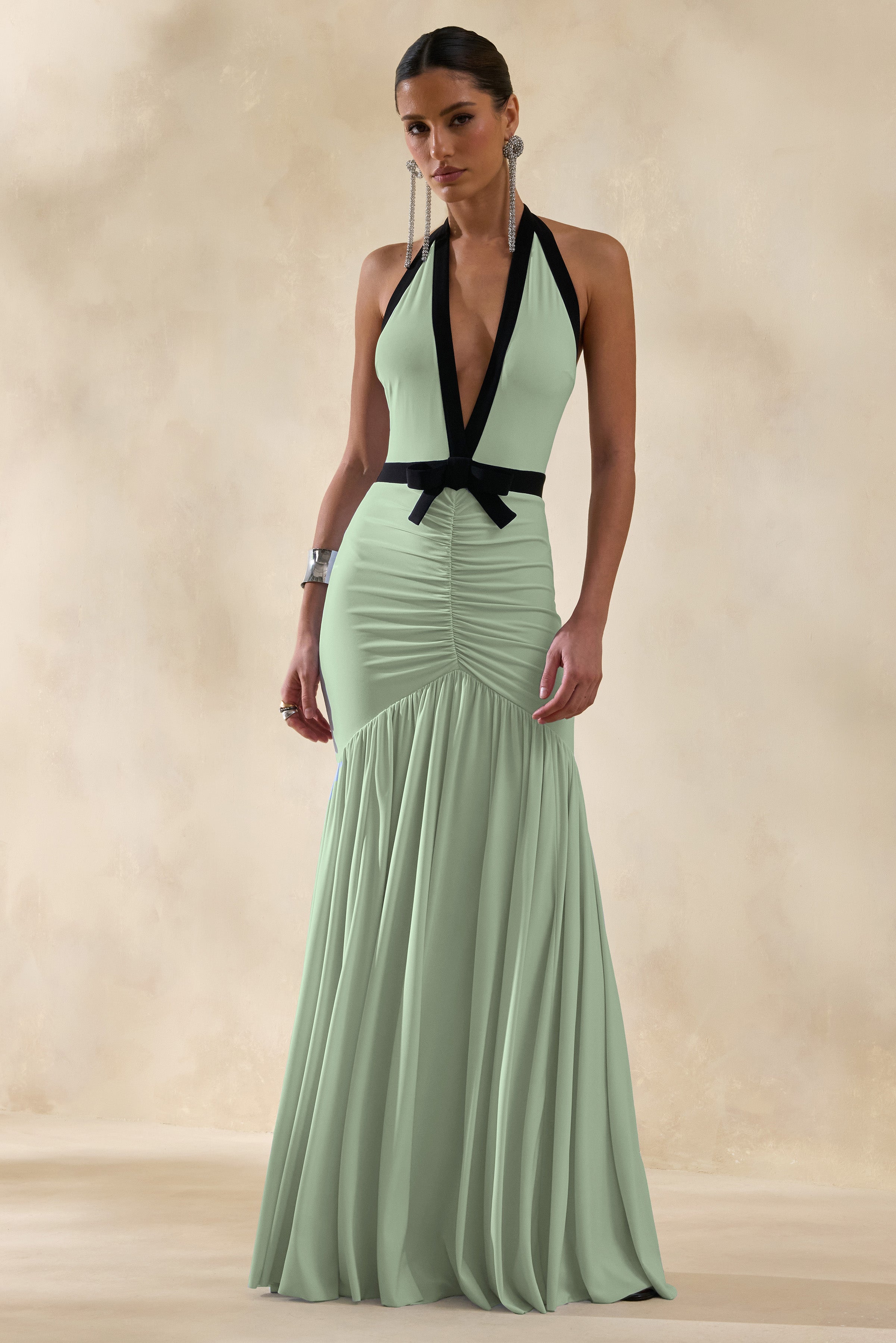Cosmina | Mint Plunge-Neck Maxi Dress With Bow-Detail – Club L