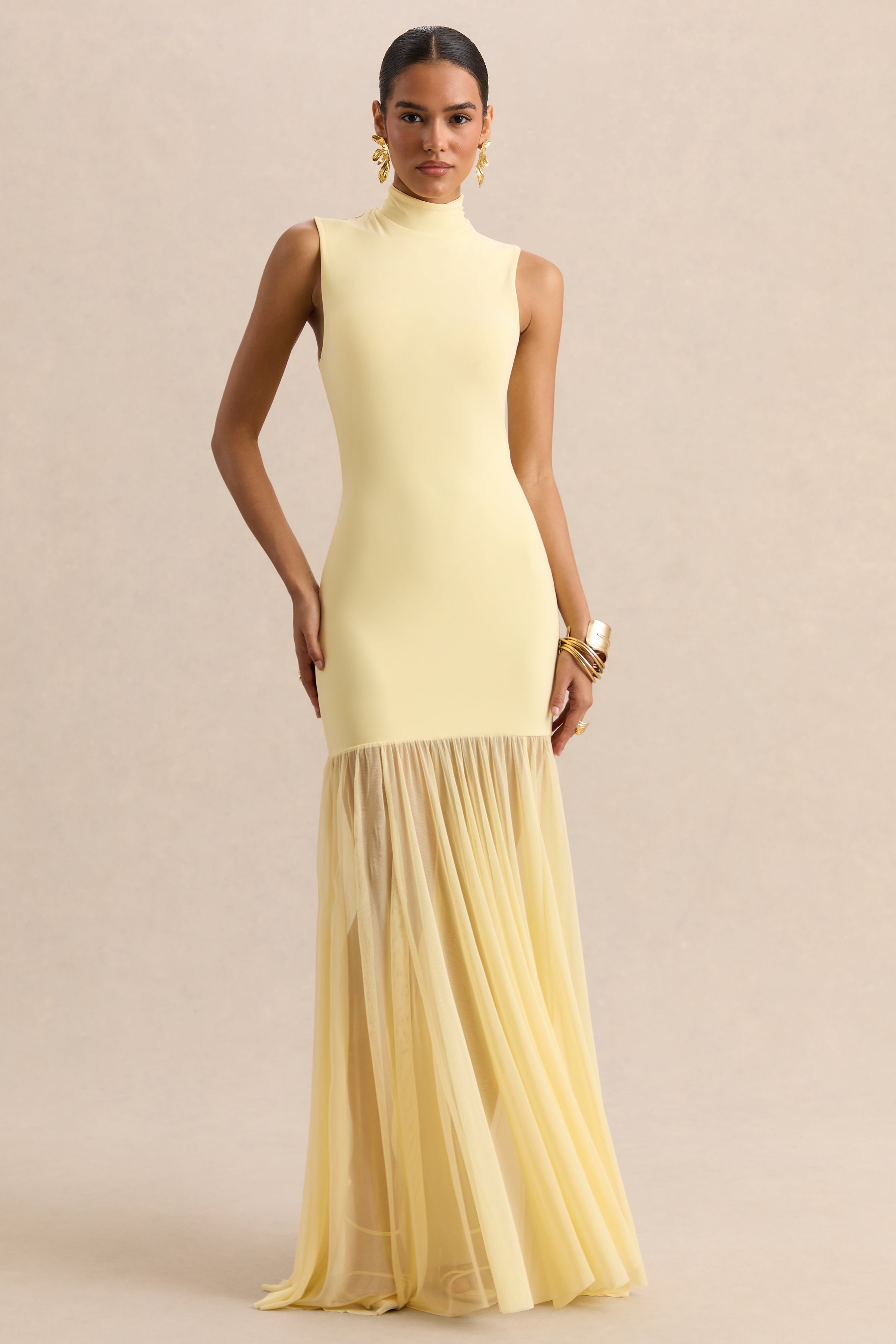Felina | Lemon High-Neck Maxi Dress With Sheer-Skirt – Club L