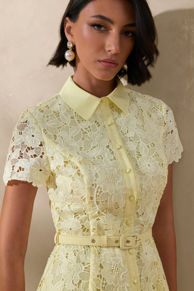 Zalie Yellow Lace High-Neck Belted Midi Dress Club L London - UK Zalie Yellow Lace High-Neck Belted Midi Dress Club L London - UK
