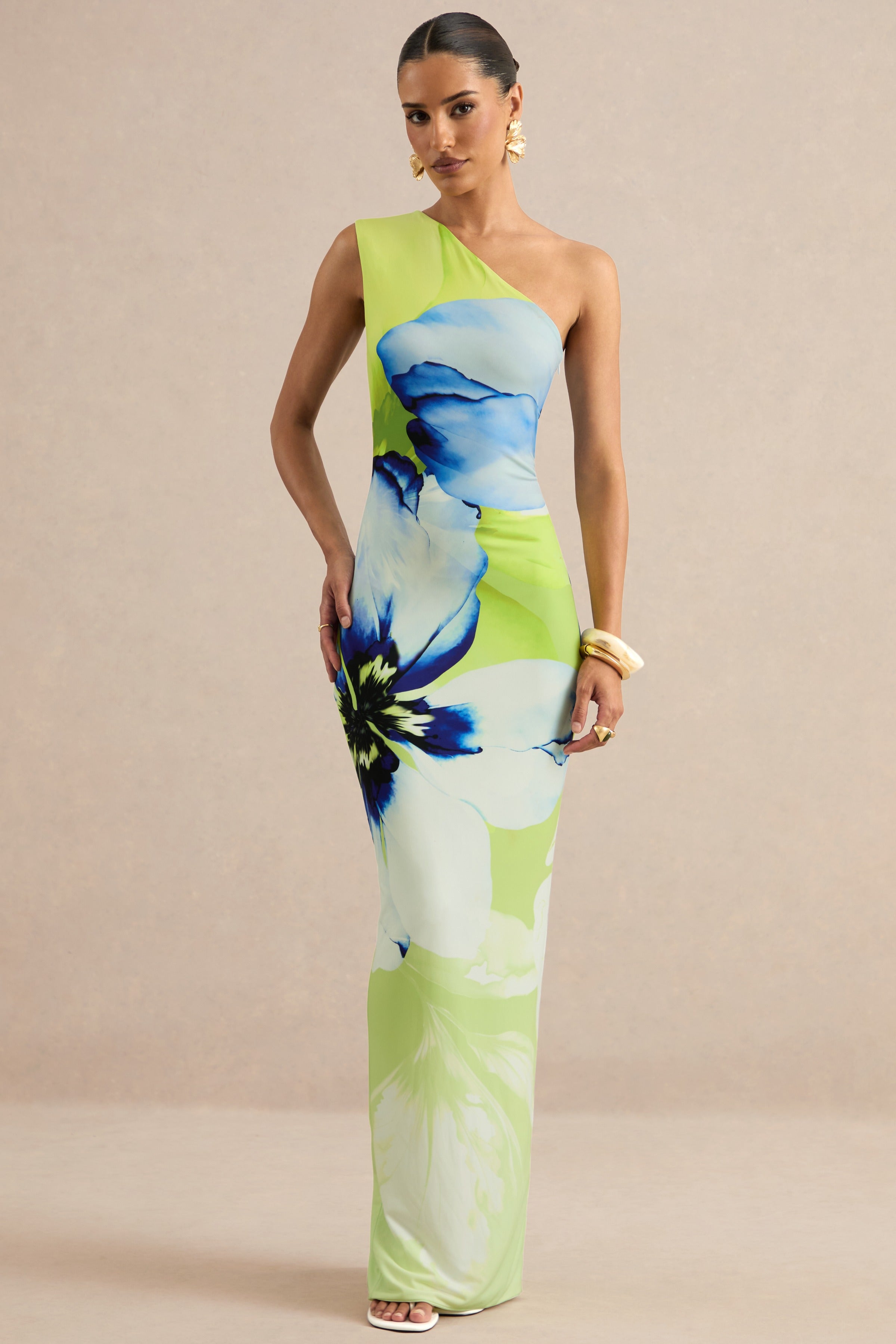 blue and lime green dresses Niya | Floral Placement Print Asymmetric-Neck Maxi Dress – Club L London lime green prom dress