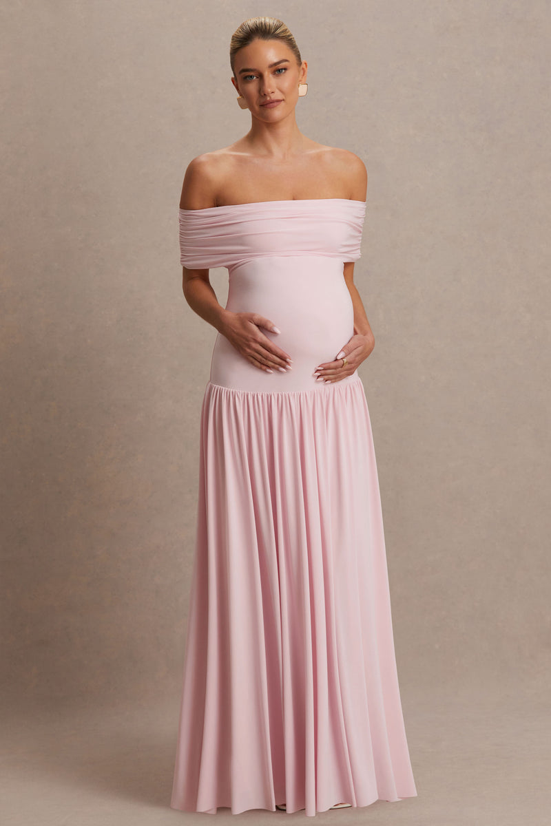 Juliette Blush Pink Bardot-Neck Maternity Maxi Dress With Drop-Waist