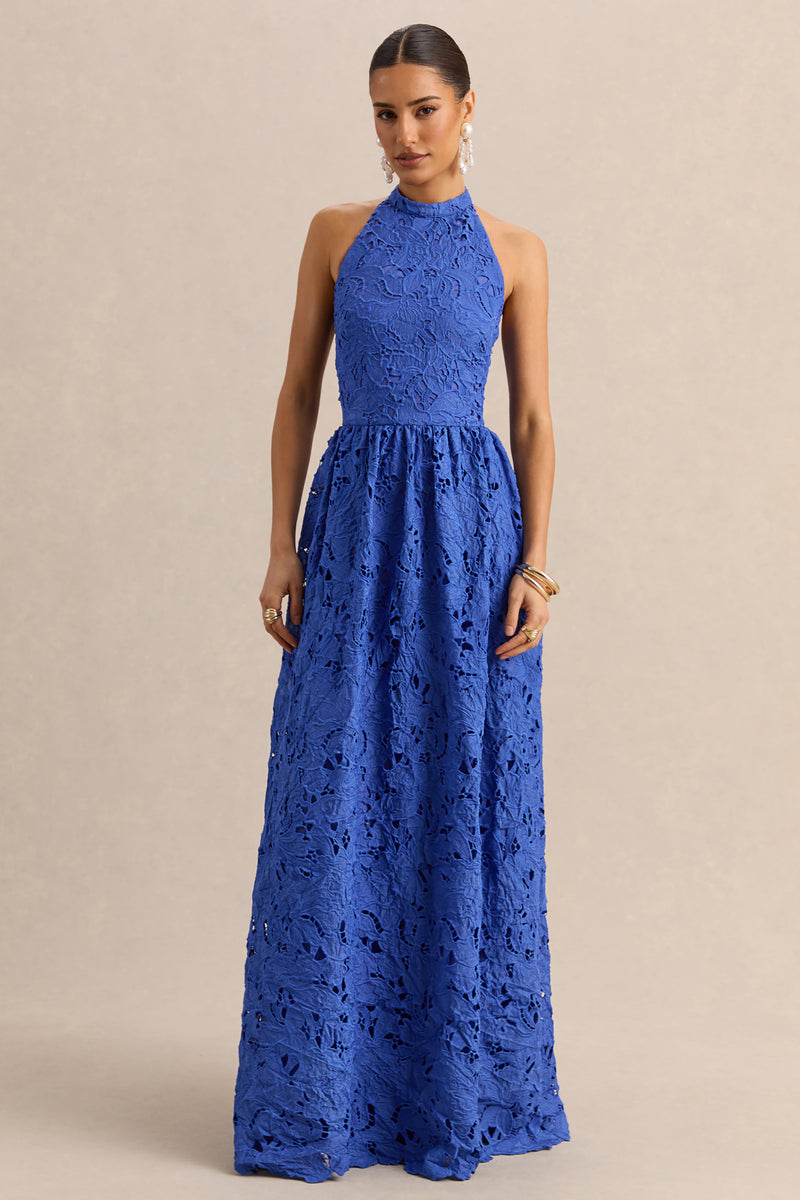 indiana long sleeve lace maxi dress Indiana Dark Blue Broderie Halter-Neck Maxi Dress – Club L London