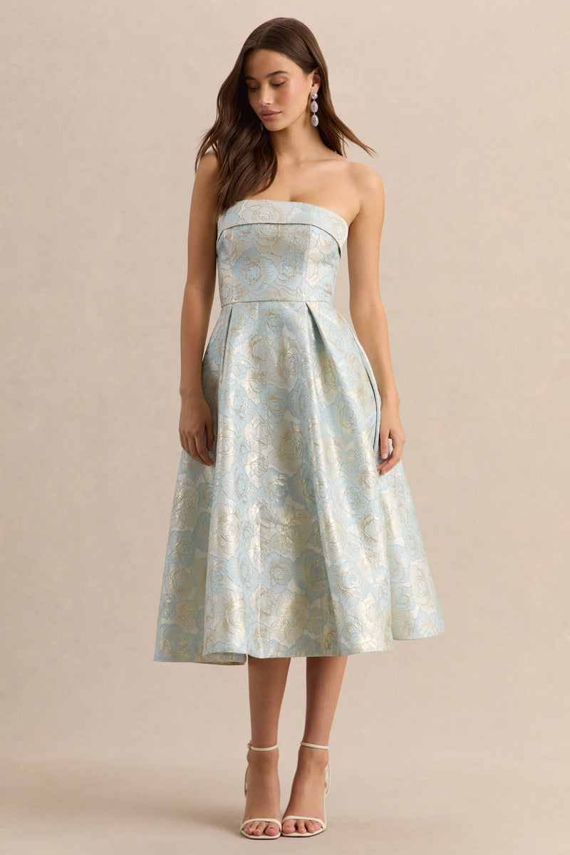 Tori Powder Blue Jacquard Bandeau Skater Midi Dress – Club L
