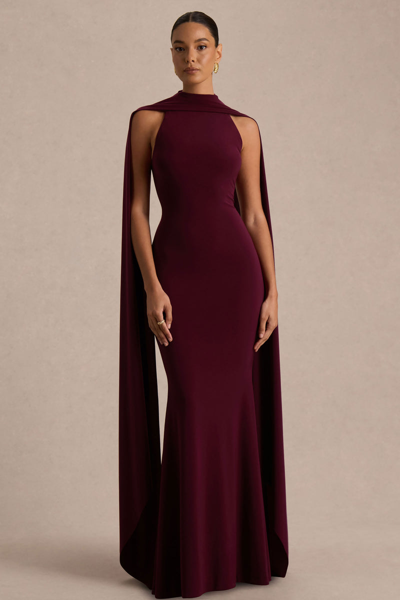 Cordy Burgundy High-Neck Maxi Dress With Scarf-Detail – Club L London