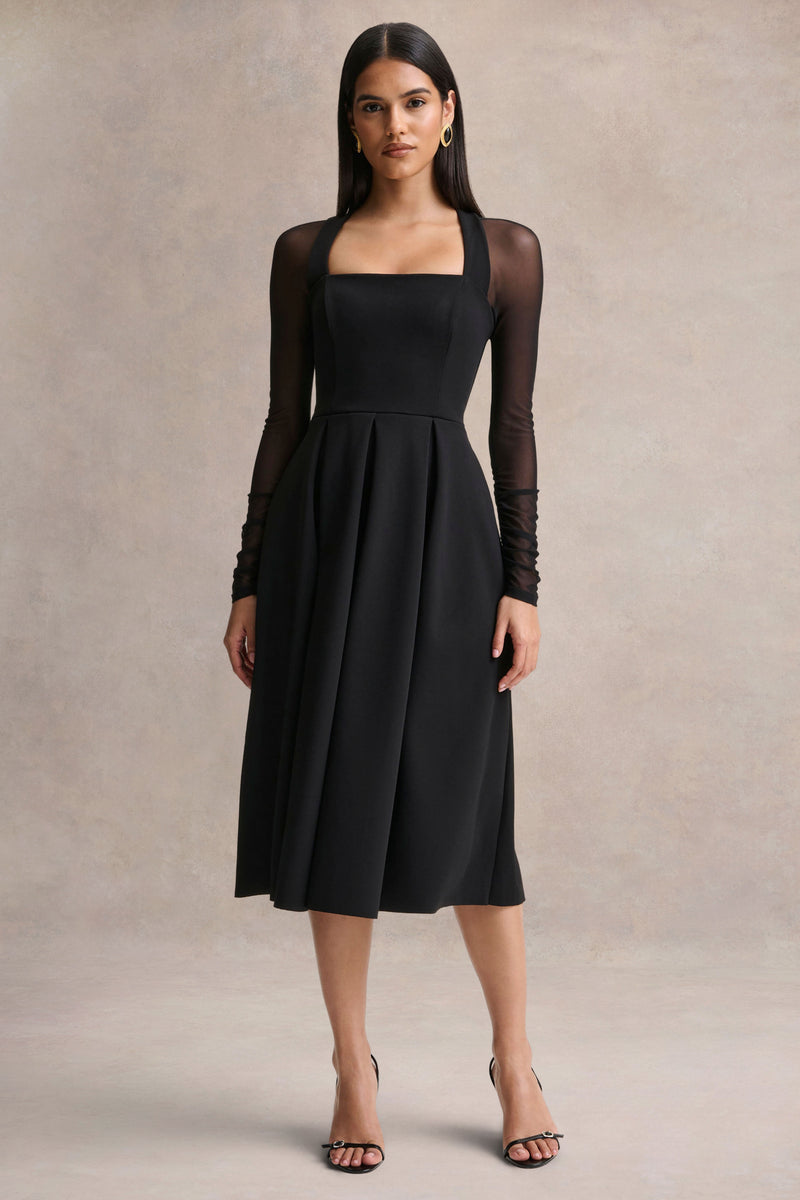 Melinda Black Square-Neck Midi Dress With Mesh Detailing – Club L
