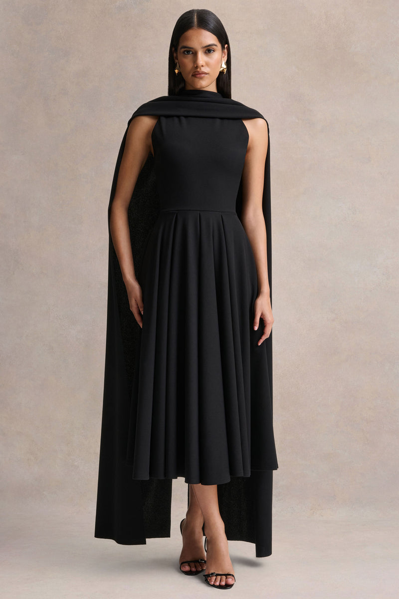 Nova Black High-Neck Midi Dress With Cape-Sleeves – Club L London