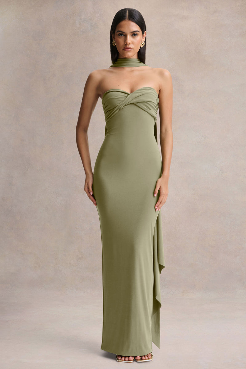 Sheila Olive Bandeau Maxi Dress With Scarf Detail – Club L London