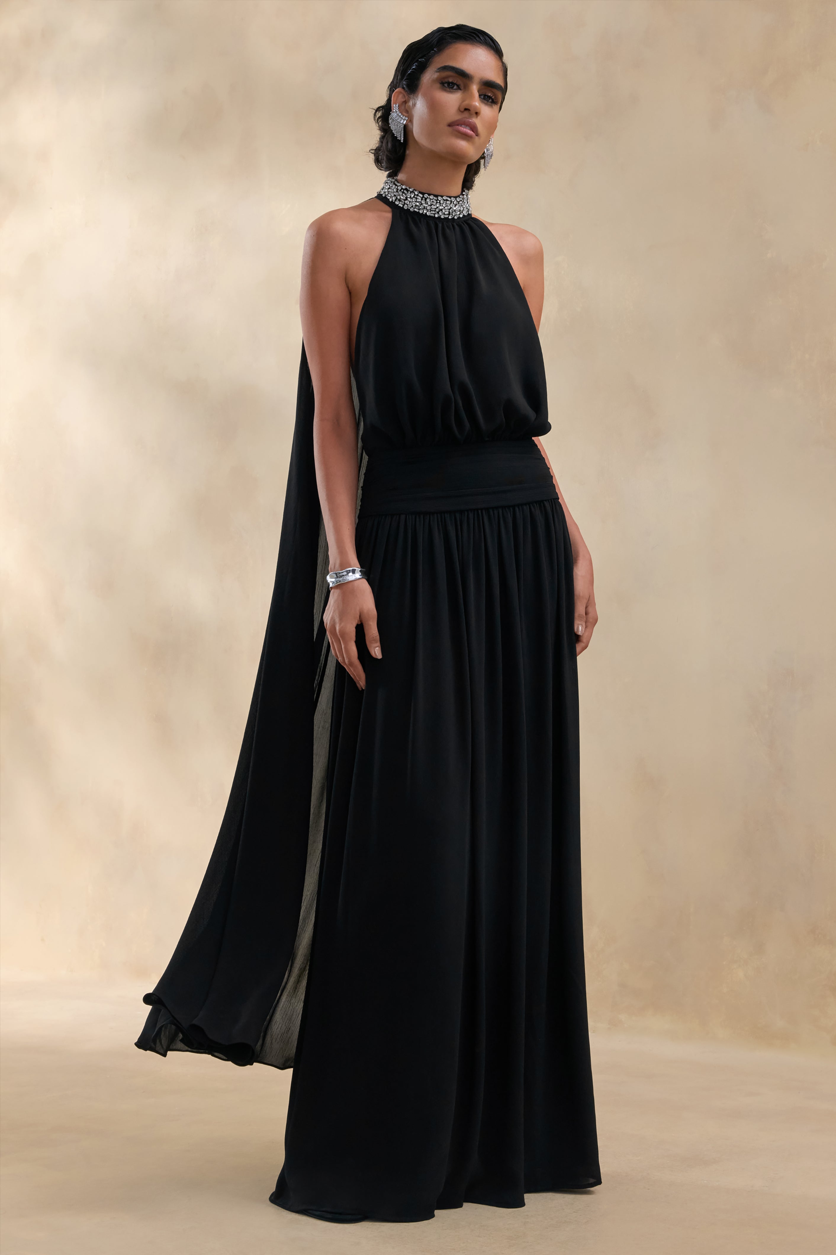 halter dress formal long Marie | Black Halter-Neck Maxi With Embellished Detailing – Club L London 2/12/26 Rosa Halter Linen Midi Hang Or Lay Flat Color:Stone