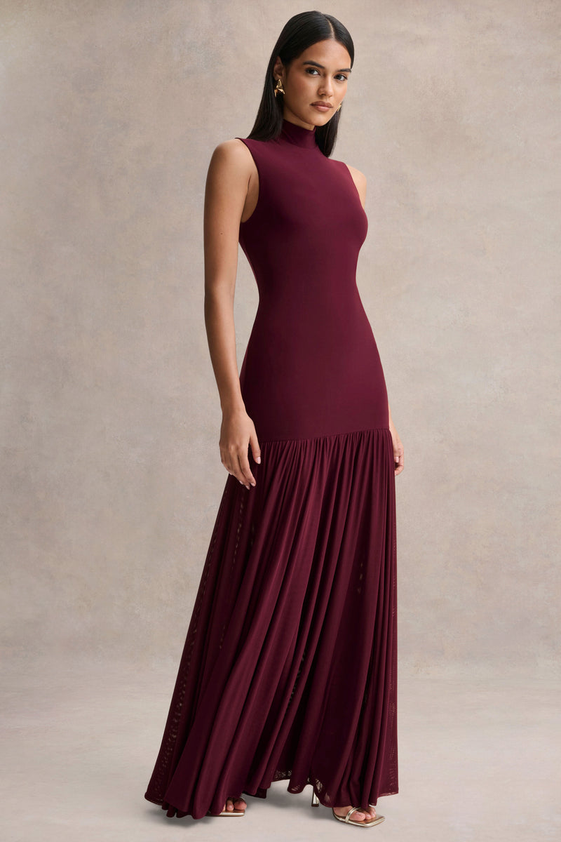 Gigi Burgundy High-Neck Maxi Dress With Drop-Waist And Sheer Skirt
