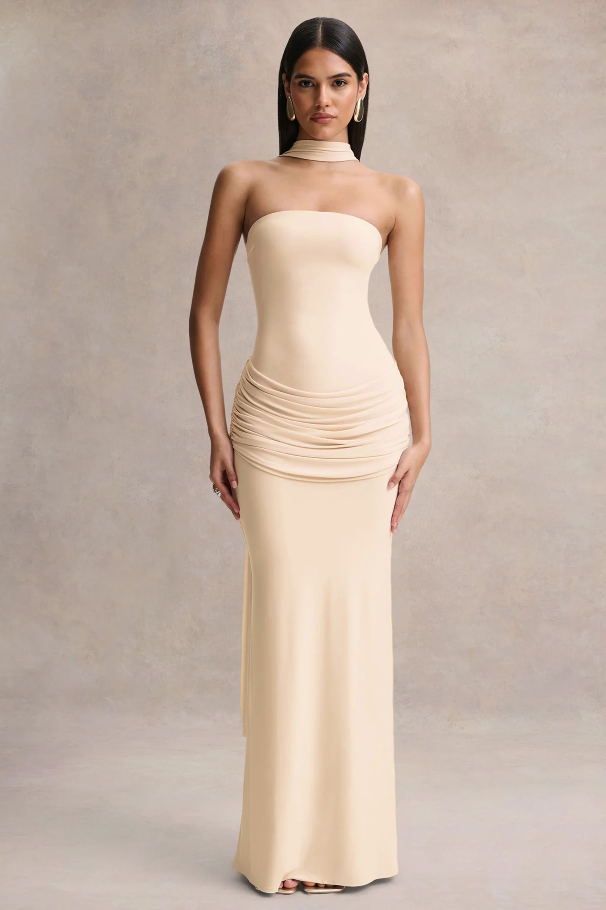 Graciella | Cream Bandeau Maxi Dress With Draped Detailing And Scarf – Club L London