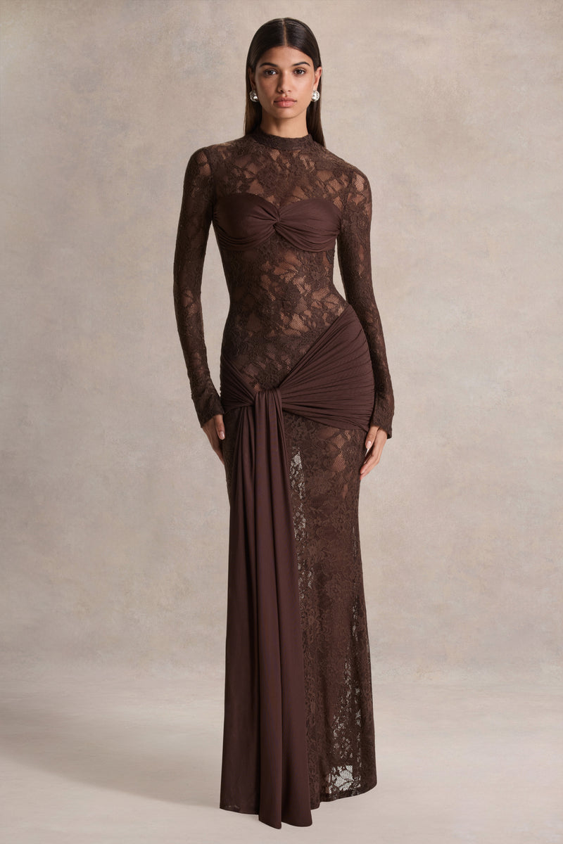 Akira Brown Lace Maxi Dress With SashDetail Club L London UK — free download