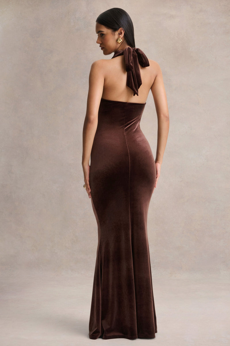 Lavernia Brown Velvet Halter-Neck Maxi Dress With Gathered