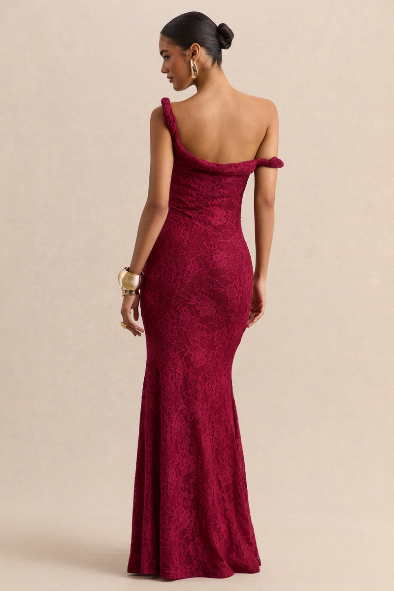 Afina Burgundy Lace Asymmetric-Neck Maxi Dress – Club L London