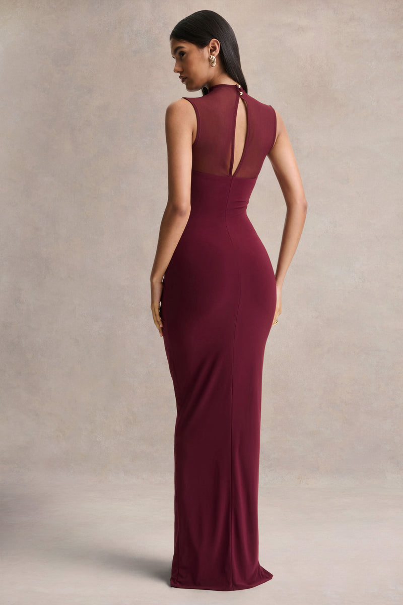Brialle Burgundy High-Neck Maxi Dress With Mesh And Gathered-Detaili