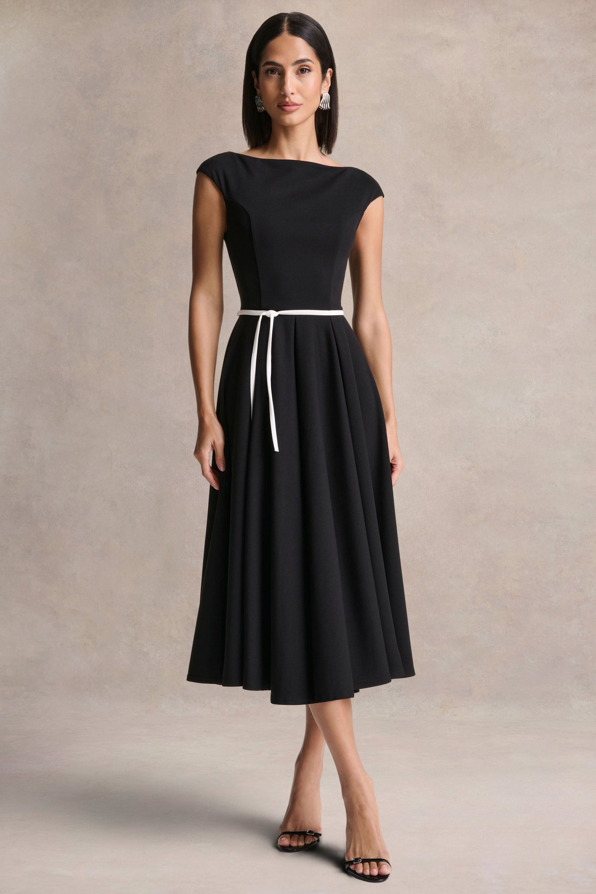 black dress white belt Nataline | Black Round-Neck Midi Dress With White Belt-Detail – Club L  London